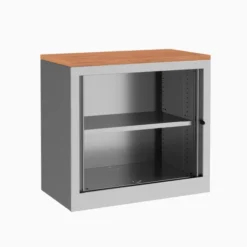 Armoire hauteur bureau métallique Corial - l. 80 cm - 1 tablette - façade décor bois - fermeture rideaux