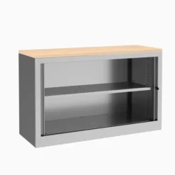 Armoire hauteur bureau métallique Corial - l. 120 cm - 1 tablette - façade décor bois - fermeture rideaux