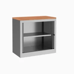 Armoire hauteur bureau métallique Evidence - l. 80 cm - 1 tablette - façade décor bois - fermeture rideaux