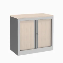 Armoire hauteur bureau métallique Evidence - l. 80 cm - 1 tablette - façade décor bois - fermeture rideaux