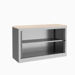 Armoire hauteur bureau métallique Evidence - l. 120 cm - 1 tablette - façade unicolore - fermeture rideaux