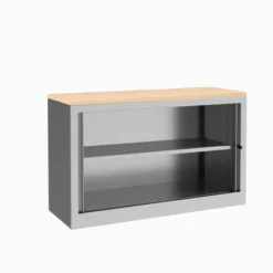 Armoire hauteur bureau métallique Evidence - l. 120 cm - 1 tablette - façade décor bois - fermeture rideaux