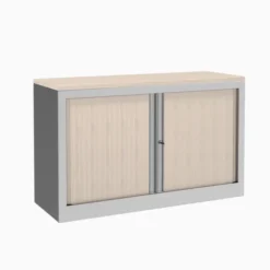 Armoire hauteur bureau métallique Evidence - l. 120 cm - 1 tablette - façade décor bois - fermeture rideaux