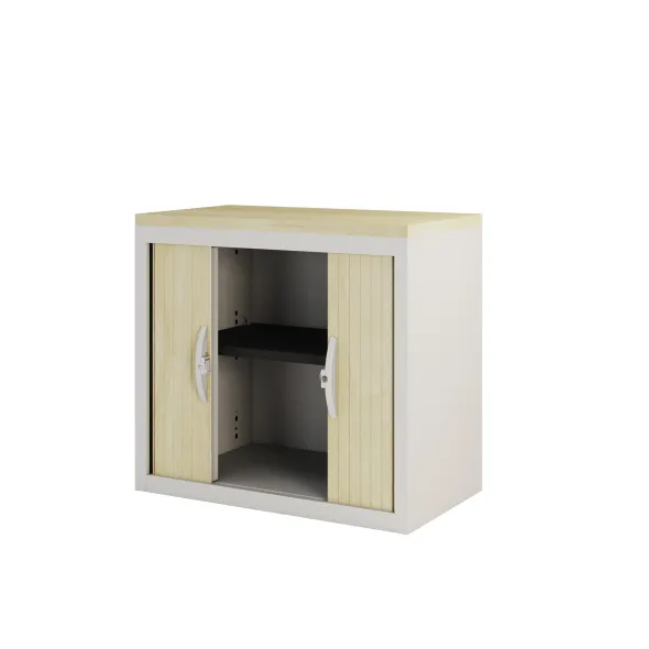 Armoire hauteur bureau métallique Epure - l. 80 cm - 1 tablette et 1 coiffe - fermeture rideaux
