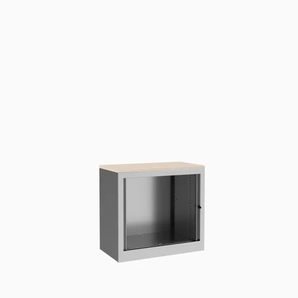 Armoire hauteur bureau métallique Corial - l. 80 cm - 1 tablette - façade décor bois fermeture rideaux - délai court