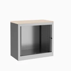 Armoire hauteur bureau métallique Evidence - l. 80 cm - 1 tablette - façade décor bois - ferm. rideaux - délai court