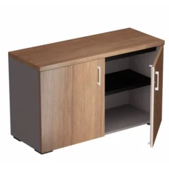 Armoire hauteur bureau placage bois/mélaminé Epure Manager - l. 120 cm - 2 tablettes métalliques - portes battantes