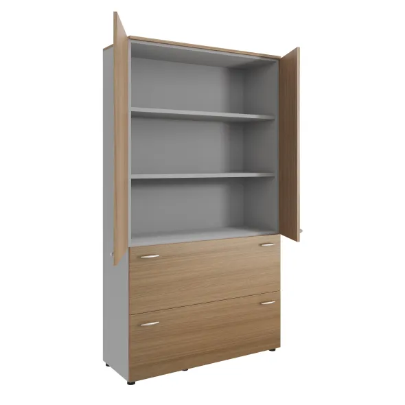 Armoire mélaminé Léandre Manager - h. 215,8 x l. 120 cm 2 tablettes mélaminé - 2 tiroirs et haut portes battantes