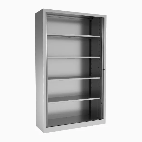 Armoire métallique Corial - h. 198 x l. 120 cm - 4 tablettes - façade décor bois - fermeture rideaux