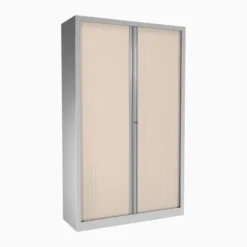 Armoire métallique Corial - h. 198 x l. 120 cm - 4 tablettes - façade décor bois - fermeture rideaux
