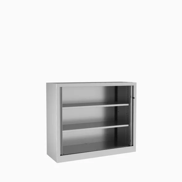 Armoire métallique Corial - h. 100 x l. 120 cm - 2 tablettes - façade décor bois - fermeture rideaux