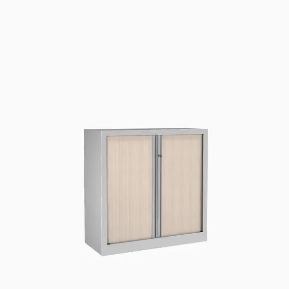 Armoire métallique Corial - h. 100 x l. 100 cm - 2 tablettes - façade décor bois - fermeture rideaux