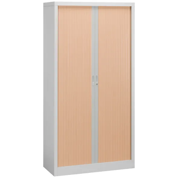Armoire métallique démontable Union - h. 198 x l. 100 cm - 4 tablettes fermeture rideau - corps gris/ rideau hêtre