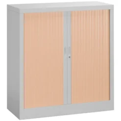 Armoire métallique démontable Union - h. 100 x l. 100 cm - 2 tablettes fermeture rideaux - corps gris / rideau hêtre