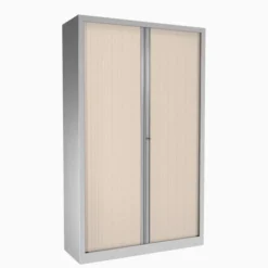 Armoire métallique Etic - h. 198 x l. 120 cm - 4 tablettes - décor bois - fermeture rideaux - délai court