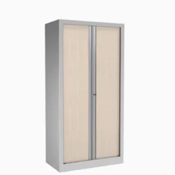 Armoire métallique Etic - h. 161 x l. 80 cm - 3 tablettes - décor bois - fermeture rideaux