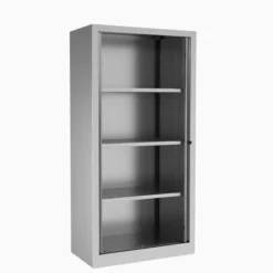 Armoire métallique Etic - h. 161 x l. 80 cm - 3 tablettes - décor bois - fermeture rideaux