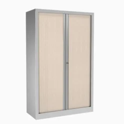 Armoire métallique Etic - h. 161 x l. 100 cm - 3 tablettes - décor bois - fermeture rideaux