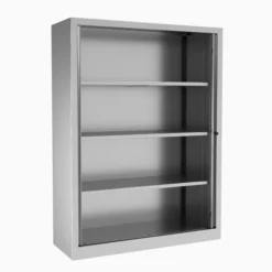 Armoire métallique Etic - h. 161 x l. 120 cm - 3 tablettes - décor bois - fermeture rideaux