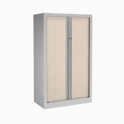 Armoire métallique Etic - h. 136 x l. 80 cm - 3 tablettes - décor bois - fermeture rideaux