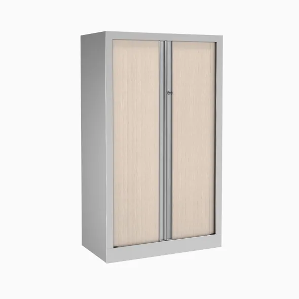 Armoire métallique Etic - h. 136 x l. 80 cm - 3 tablettes - décor bois - fermeture rideaux