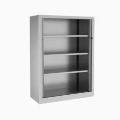 Armoire métallique Etic - h. 136 x l. 100 cm - 3 tablettes - décor bois - fermeture rideaux