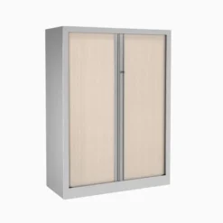 Armoire métallique Etic - h. 136 x l. 100 cm - 3 tablettes - décor bois - fermeture rideaux