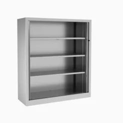 Armoire métallique Etic - h. 136 x l. 120 cm - 3 tablettes - décor bois - fermeture rideaux