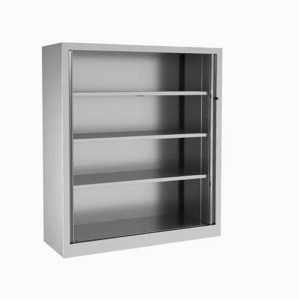 Armoire métallique Etic - h. 136 x l. 120 cm - 3 tablettes - décor bois - fermeture rideaux