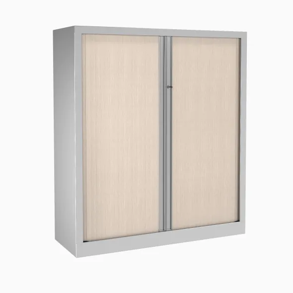 Armoire métallique Etic - h. 136 x l. 120 cm - 3 tablettes - décor bois - fermeture rideaux