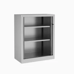 Armoire métallique Etic - h. 100 x l. 80 cm - 2 tablettes - décor bois - fermeture rideaux