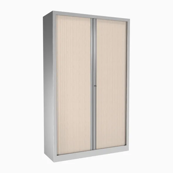 Armoire métallique Evidence - h. 198 x l. 120 cm - 4 tablettes - façade décor bois - fermeture rideaux