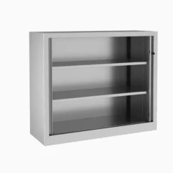 Armoire métallique Evidence - h. 100 x l. 120 cm - 2 tablettes - façade décor bois - fermeture rideaux