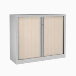 Armoire métallique Evidence - h. 100 x l. 120 cm - 2 tablettes - façade décor bois - fermeture rideaux