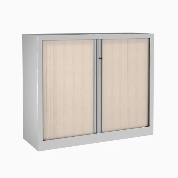 Armoire métallique Evidence - h. 100 x l. 120 cm - 2 tablettes - façade décor bois - fermeture rideaux