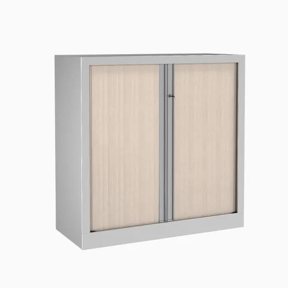 Armoire métallique Evidence - h. 100 x l. 100 cm - 2 tablettes - façade décor bois - fermeture rideaux