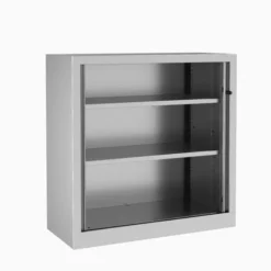 Armoire métallique Evidence - h. 100 x l. 100 cm - 2 tablettes - façade décor bois - fermeture rideaux