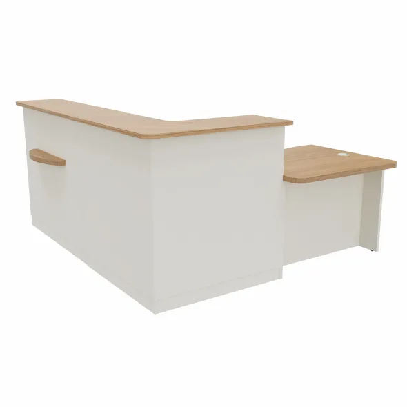 Banque d'accueil en L Epure - l. 225 x pr. 205 cm - angle à gauche côté utilisateur - comptoir bas PMR