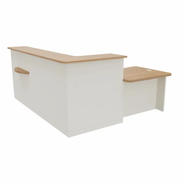 Banque d'accueil en L Epure - l. 245 x pr. 205 cm - angle à gauche côté utilisateur - comptoir bas PMR