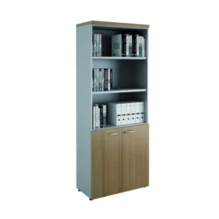 Bibliothèque mélaminé Léandre Manager - h. 215,8 x l. 86 cm - 3 tablettes - portes battantes et haut ouvert