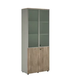 Bibliothèque mélaminé Léandre Manager - h. 215,8 x l. 86 cm - 3 tablettes - portes battantes et haut vitré