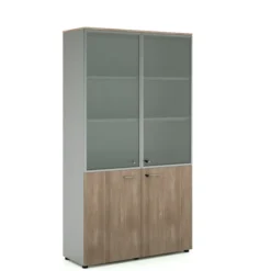 Bibliothèque mélaminé Léandre Manager - h. 215,8 x l. 120 cm - 3 tablettes - portes battantes et haut vitré