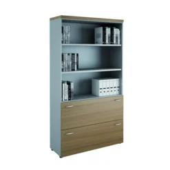 Bibliothèque mélaminé Léandre Manager - h. 215,8 x l. 120 cm - 2 tablettes - 2 tiroirs et haut ouvert