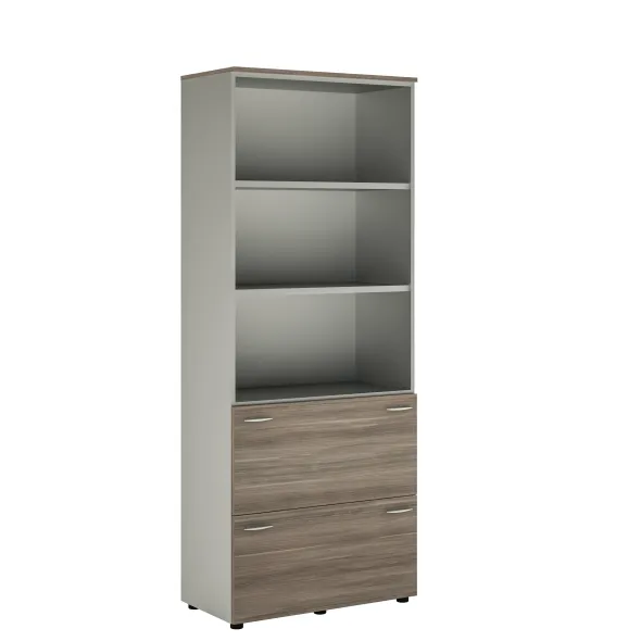 Bibliothèque mélaminé Léandre Manager - h. 215,8 x l. 86 cm - 2 tablettes - 2 tiroirs et haut ouvert