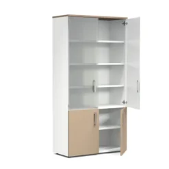Bibliothèque mélaminé Obade - h. 197 x l. 100 cm - portes battantes et haut verre translucide