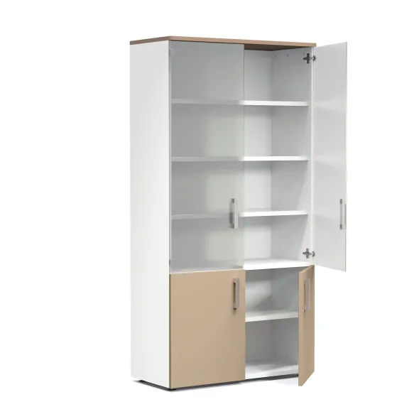 Bibliothèque mélaminé Obade - h. 197 x l. 100 cm - portes battantes et haut verre translucide