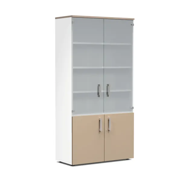 Bibliothèque mélaminé Obade - h. 197 x l. 100 cm - portes battantes et haut verre translucide