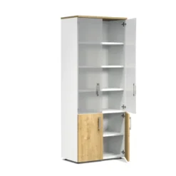 Bibliothèque mélaminé Obade - h. 197 x l. 80 cm - portes battantes et haut verre translucide