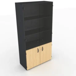 Bibliothèque mélaminé placage bois Amphitéo - h. 197 x l. 100 cm - portes battantes et haut verre teinté