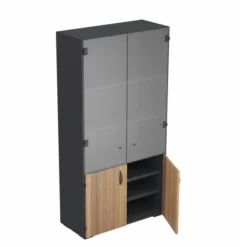 Bibliothèque mélaminé placage bois Amphitéo - h. 197 x l. 100 cm - portes battantes et haut verre teinté